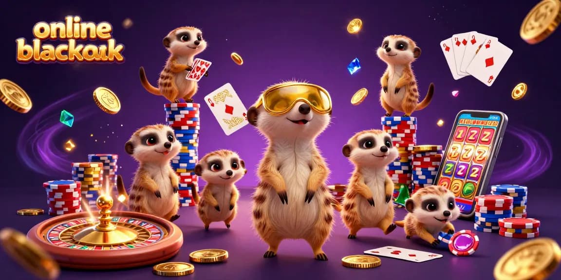 Engage in online blackjack with playful meerkats in a vibrant, dynamic casino illustration.
