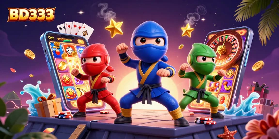Engage in thrilling gameplay at BD333 with vibrant casino elements and ninja chameleons.