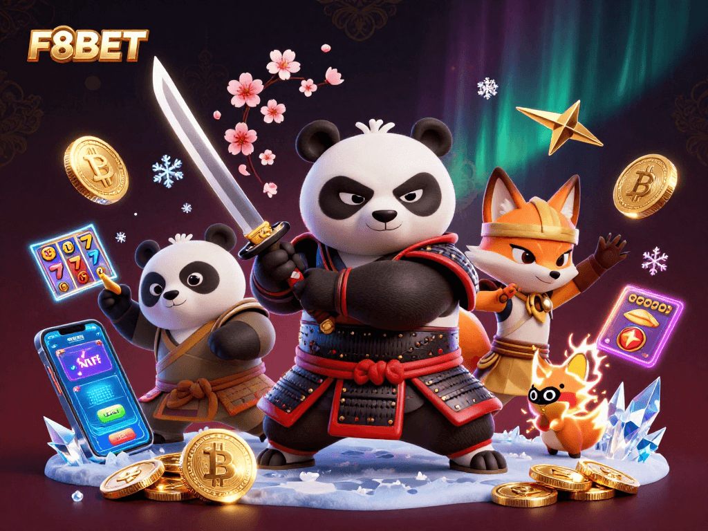 Join the exciting action at F8BET with a vibrant casino scene featuring an adventurous samurai panda.