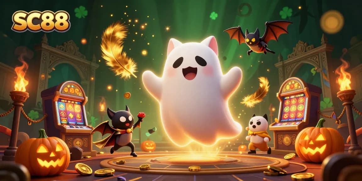 SC88 showcases a ghost cat and vampire bat in a lively haunted casino scene filled with vibrant gaming elements.