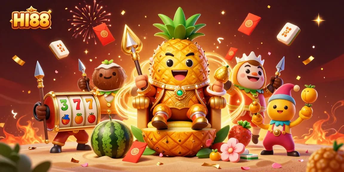 Experience HI88 excitement with a vibrant casino-themed illustration of a pineapple king amidst slot reels.