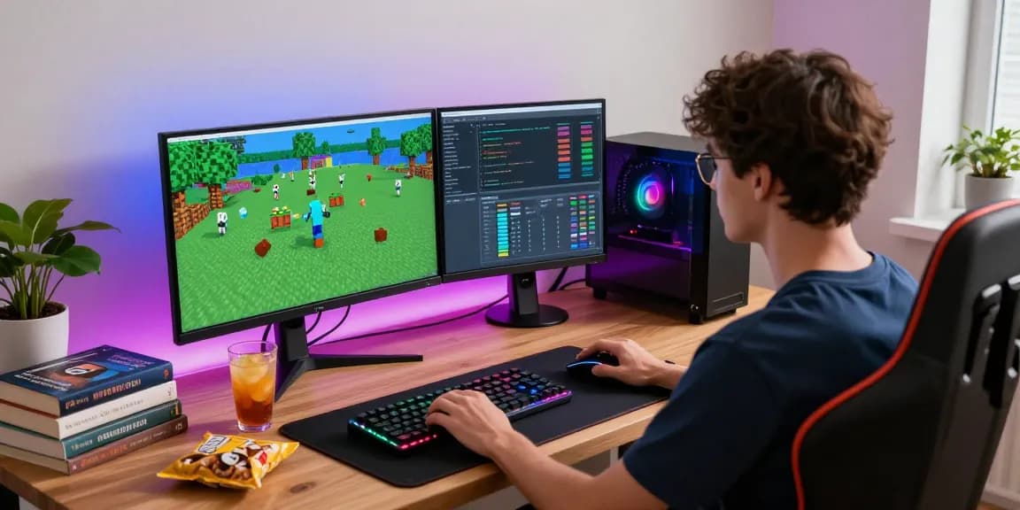 Użytkownik tworzy serwer Minecraft w nowoczesnym gamingowym otoczeniu.