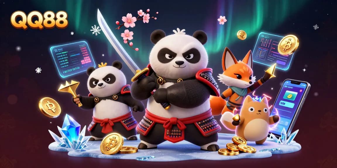 Engage in the QQ88 casino adventure with samurai panda and ninja fox illuminated by neon crypto coins.