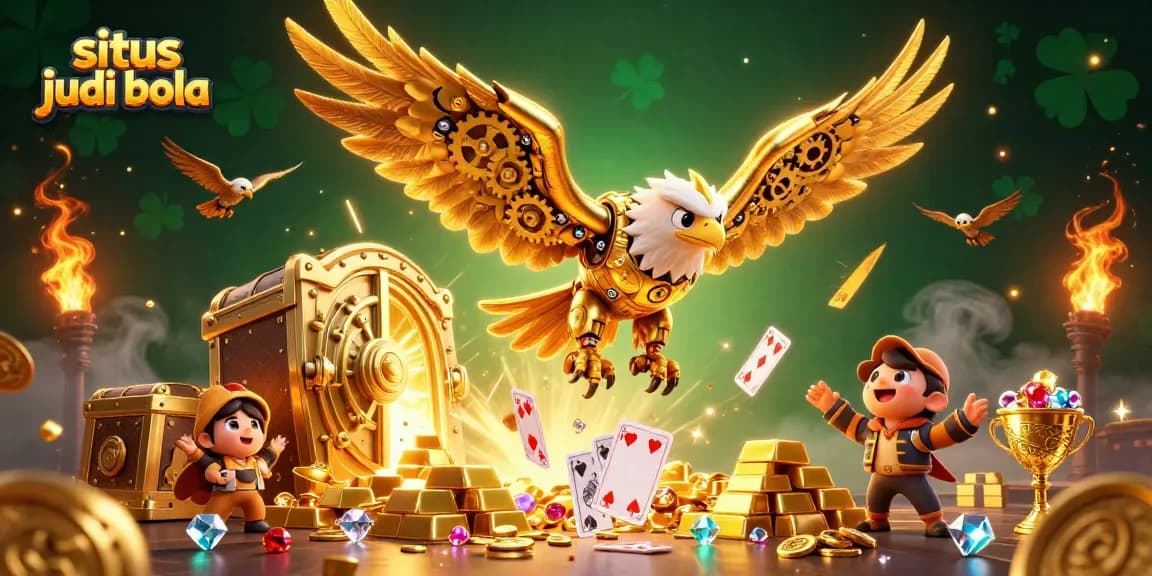 Engage in situs judi bola with thrilling gameplay featuring a golden eagle surrounded by holographic cards.