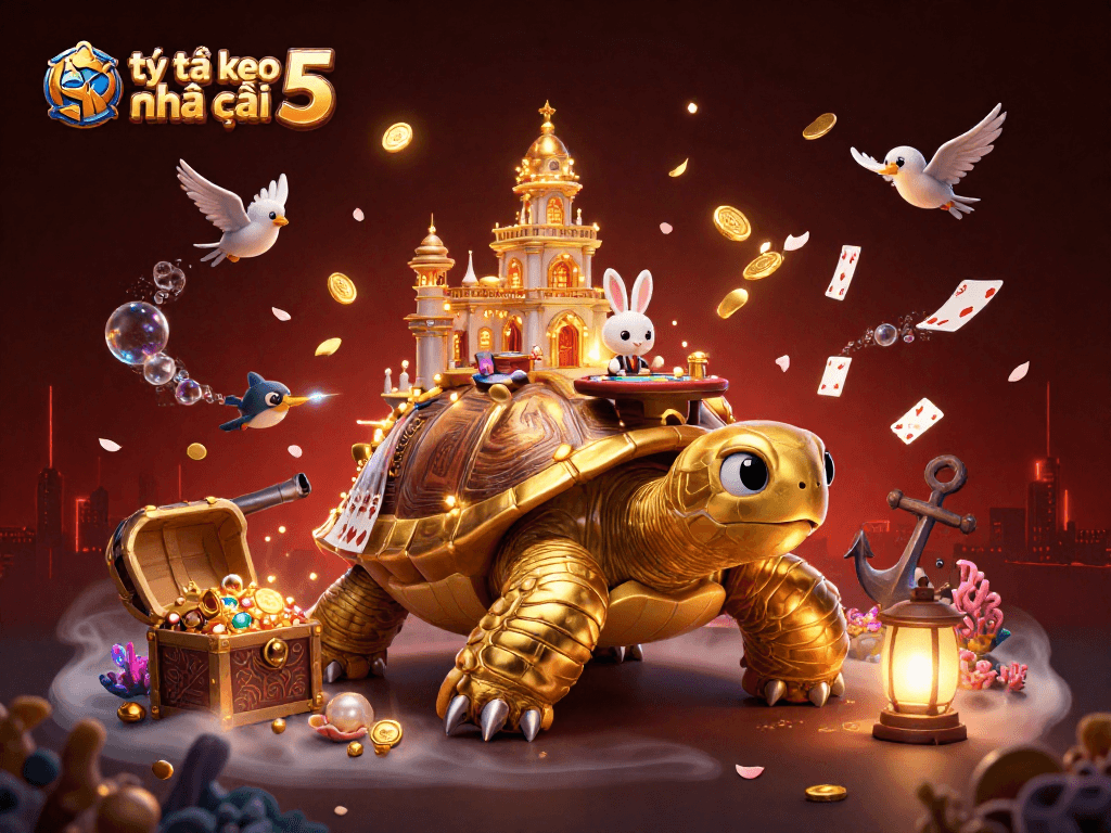 Engage with tỷ lệ kèo nhà cái 5 in a vibrant, immersive casino adventure led by a golden tortoise and rabbit dealer.