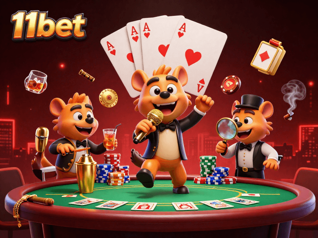 Join the fun at 11bet’s comedy casino featuring hyenas, poker chips, and colorful lights.
