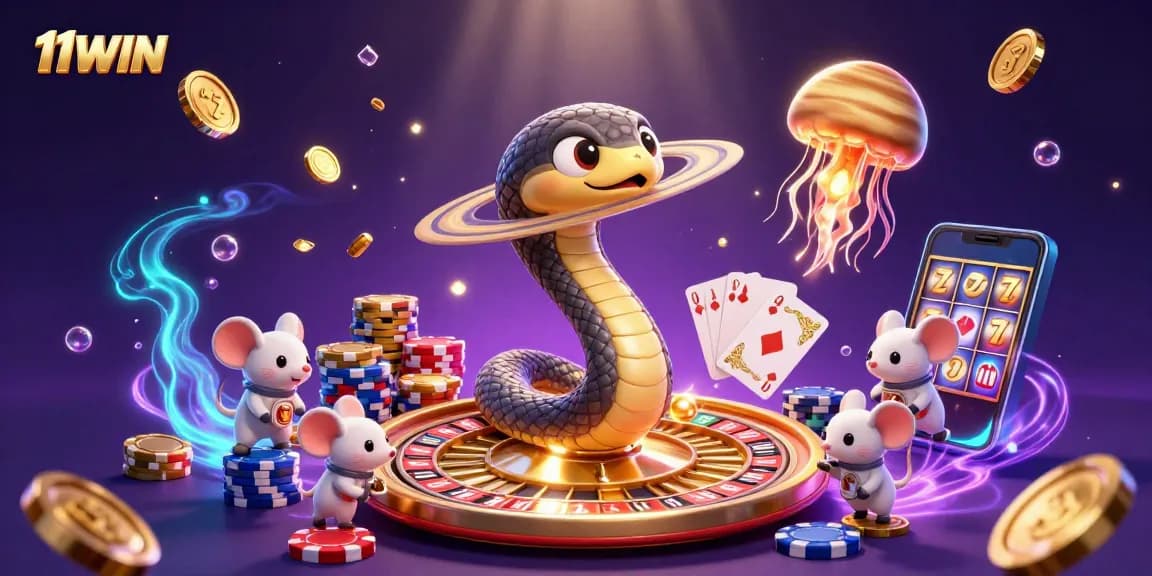Place your bets with 11WIN in a vibrant cosmic casino where characters engage in exciting gameplay.