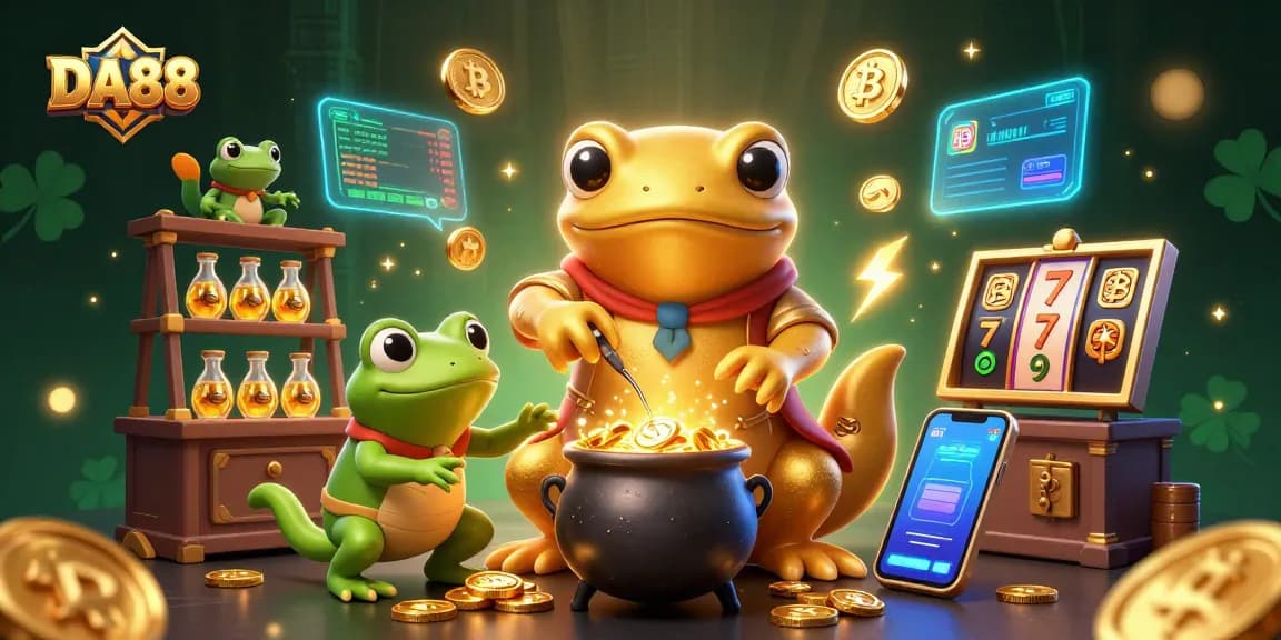 Experience the magic of DA88's thrilling casino scene filled with golden elements and crypto coins.