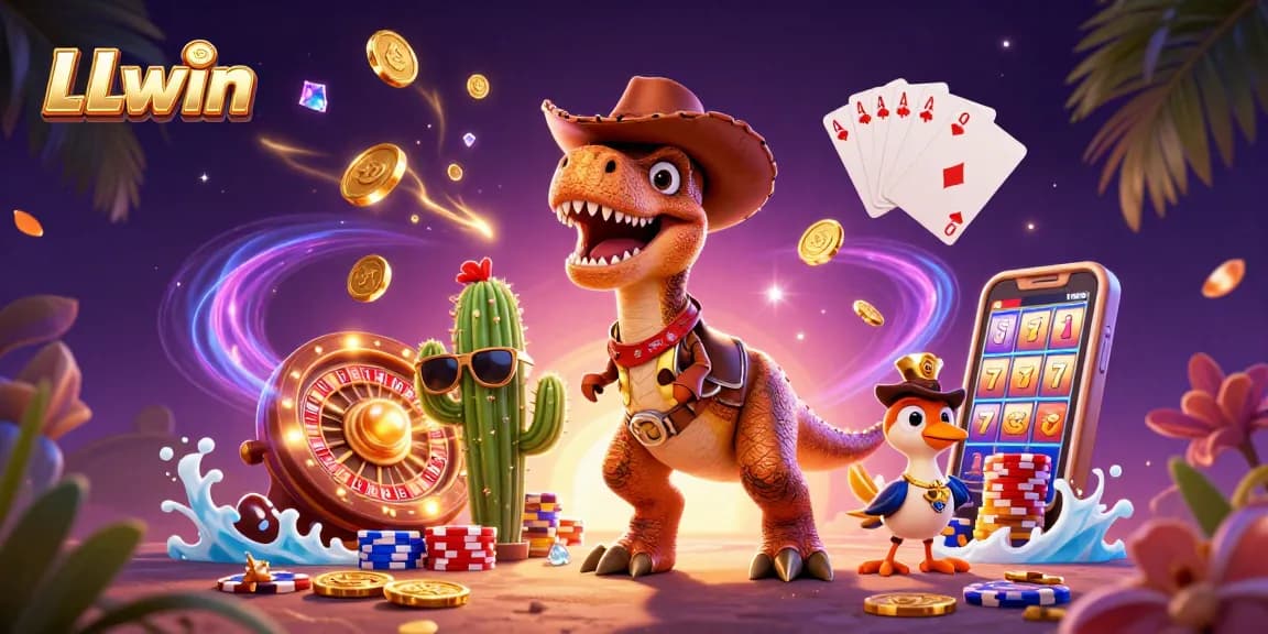 Win big at LLwin with this vibrant 3D illustration featuring a T-Rex and casino game elements.