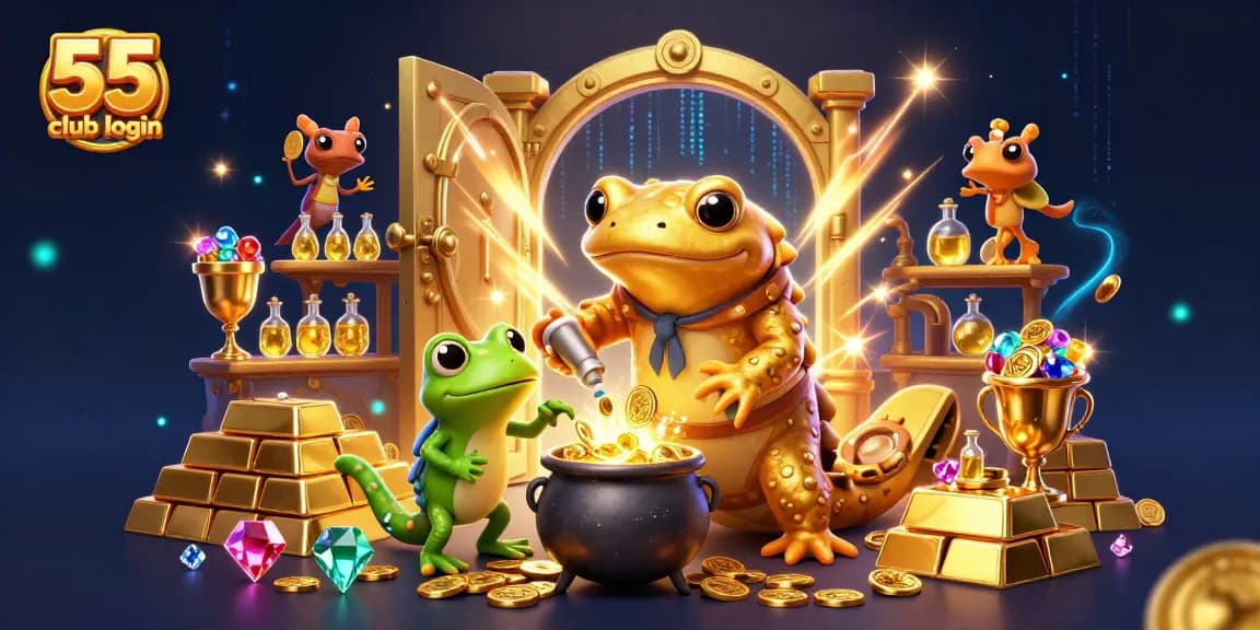 Join the 55 club login adventure with vibrant gold coins and enchanting treasures.