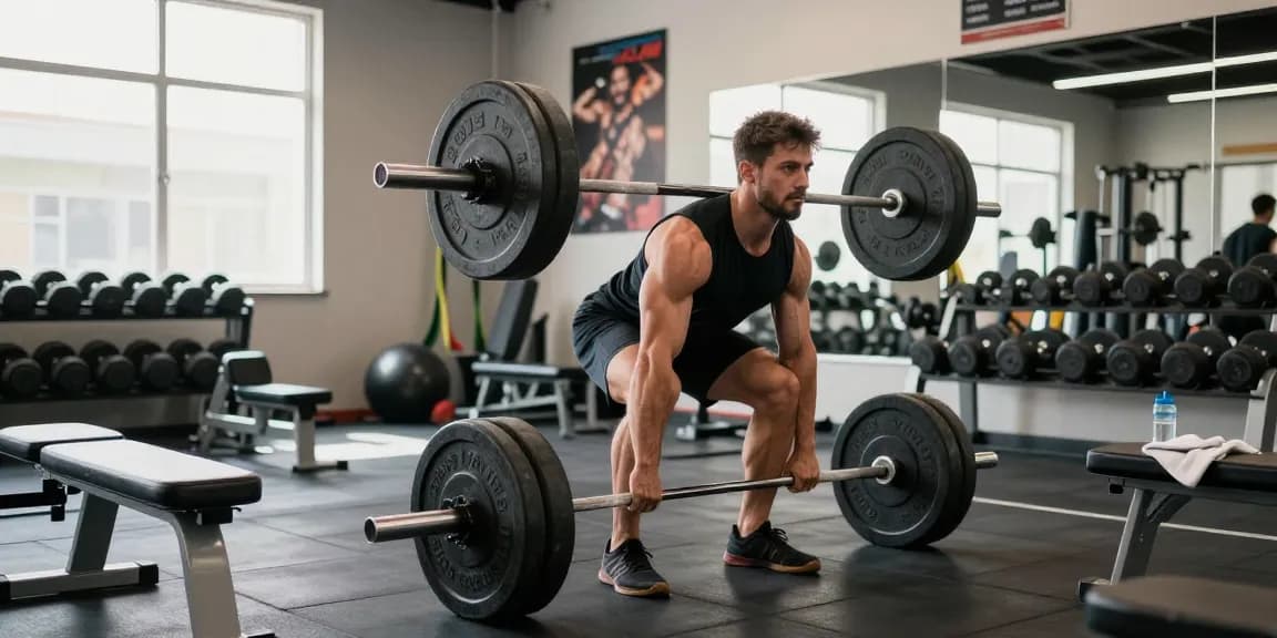Anabolika Shop: Bodybuilder hebt Gewichte im modernen Fitnessstudio, Energie und Motivation zeigen.