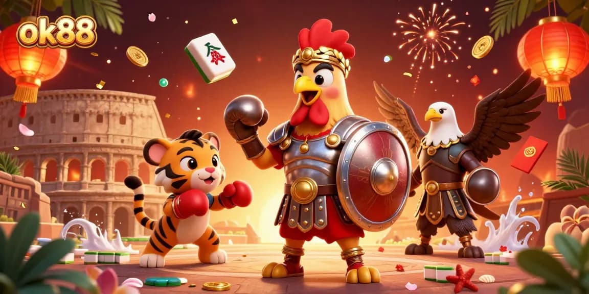 Engage in exciting gameplay at ok88 with a vibrant casino scene featuring animated characters and festive elements.
