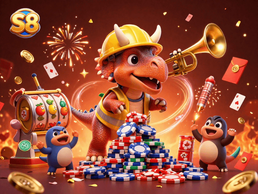 S8 engages players with a vibrant 3D illustration showcasing a triceratops building poker chip towers amidst casino celebrations.