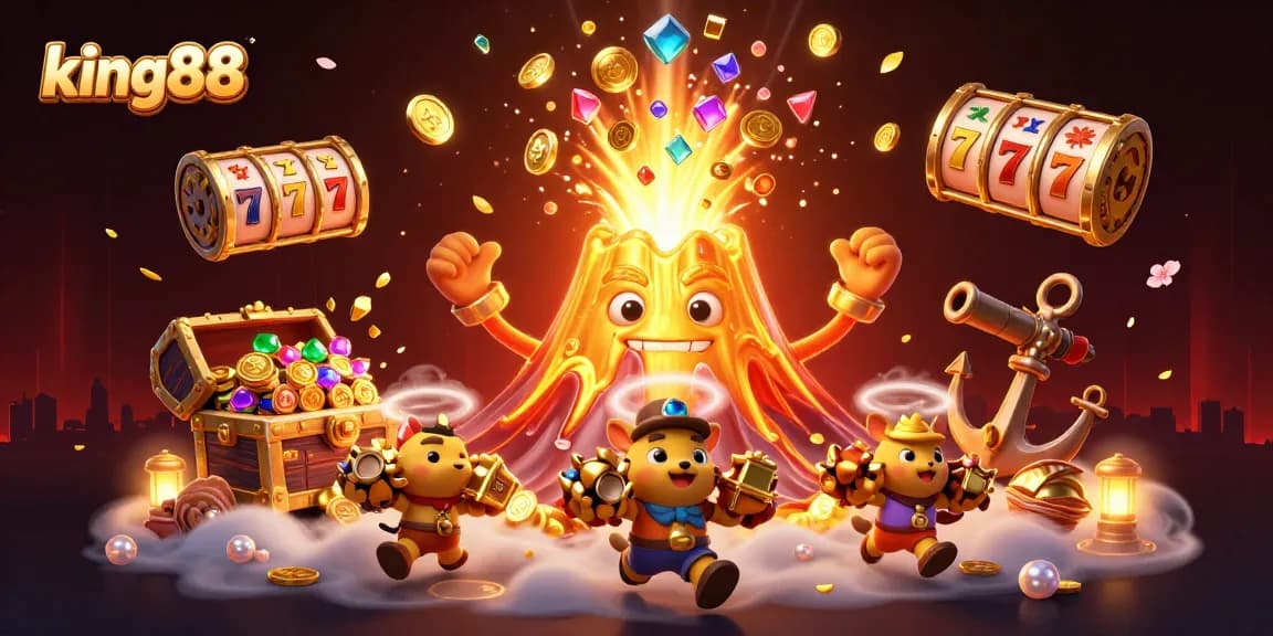 Experience the excitement at king88 as treasures erupt in a 3D casino adventure scene.