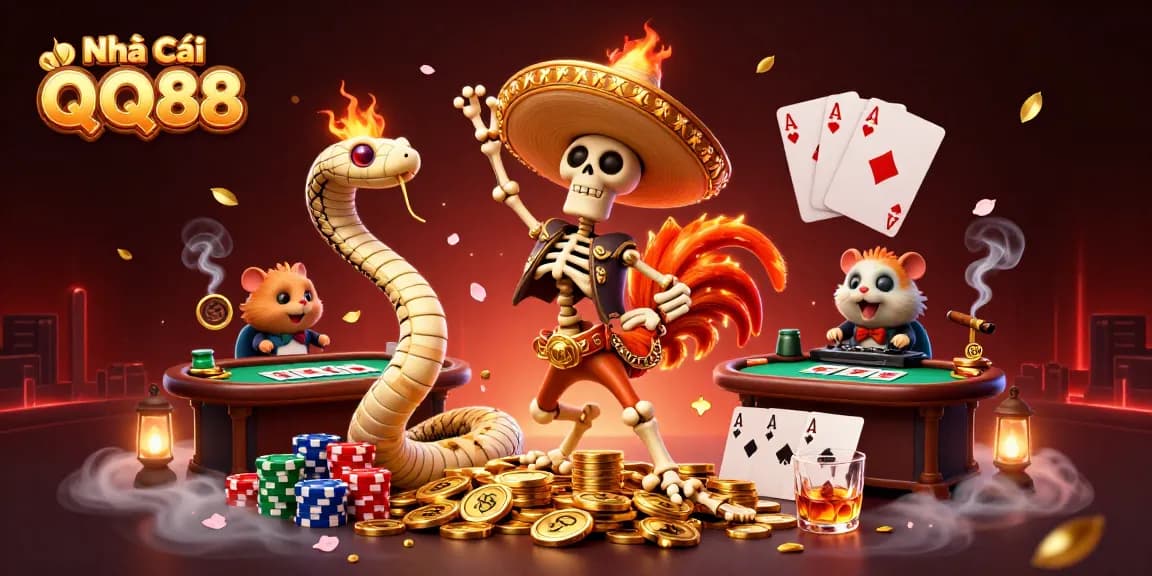 Engage with Nhà Cái QQ88 in this vibrant 3D illustration featuring exciting poker action and casino scenes.