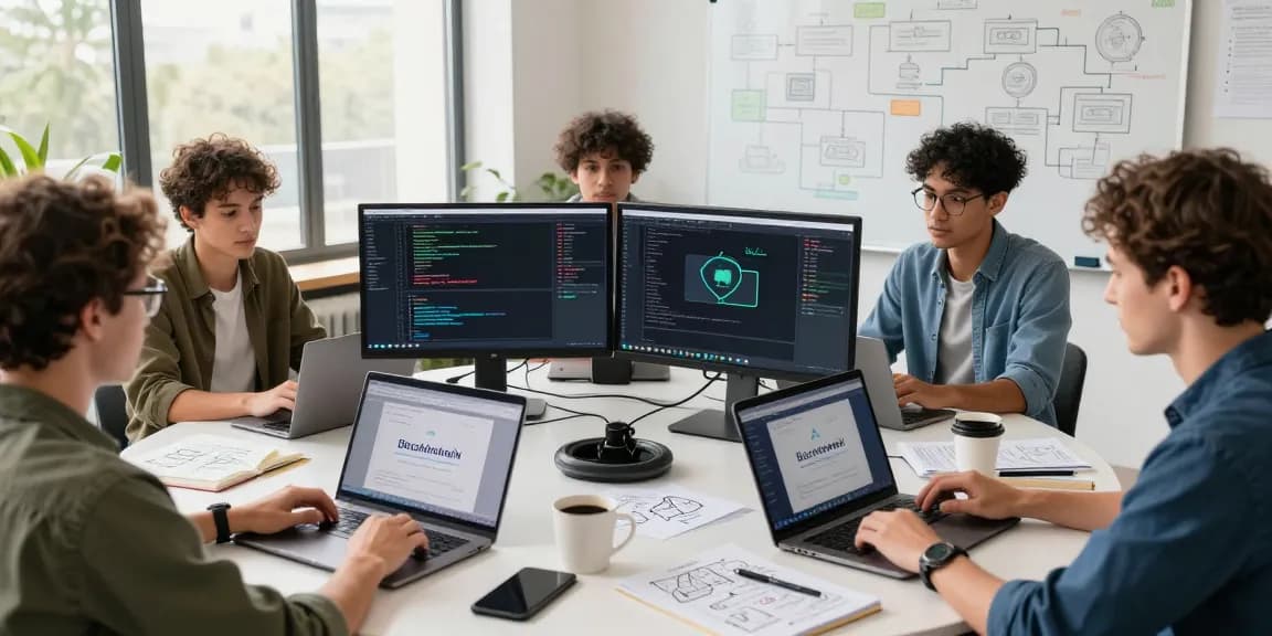 Diverse developers collaborating on Web3 projects in a modern tech workspace with laptops and blockchain interfaces.