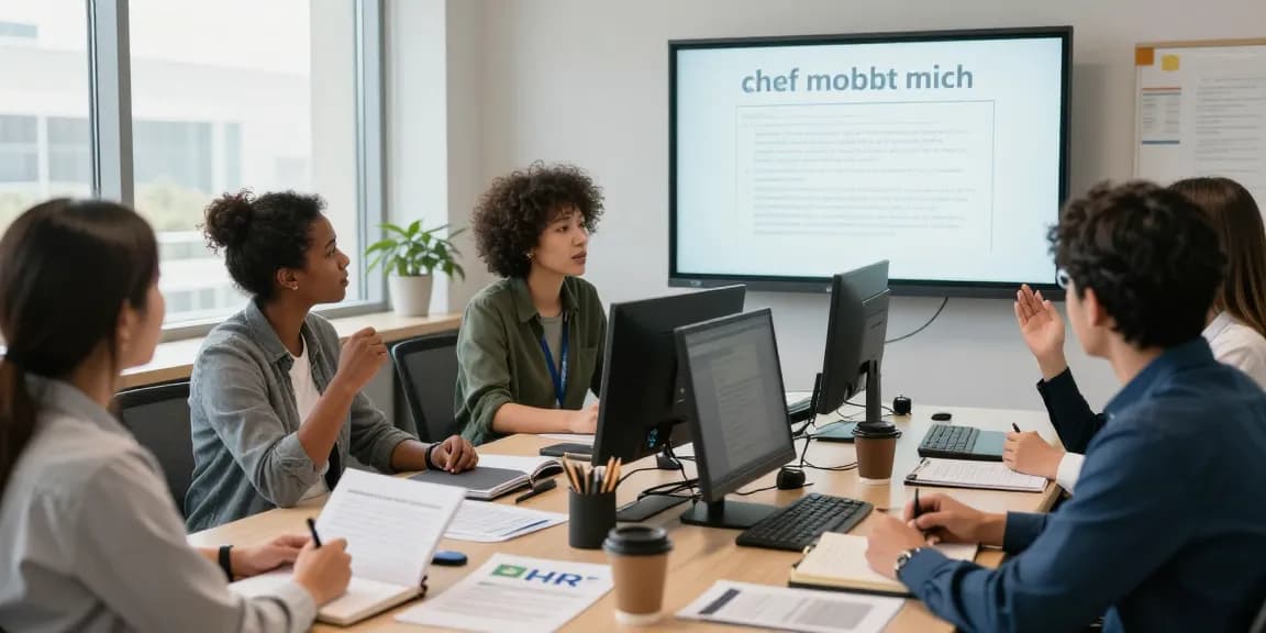Team-Diskussion über "Chef mobbt mich" in einem einladenden Büro mit Fokus auf respektvolle Kommunikation.