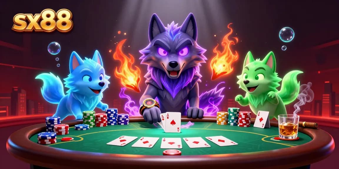 Sx88 players engage in a thrilling poker showdown with vibrant elements, showcasing excitement and strategy.
