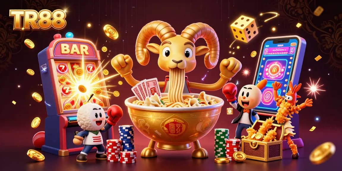Join the fun at TR88, where a giant golden ramen bowl and friends showcase thrilling casino action!