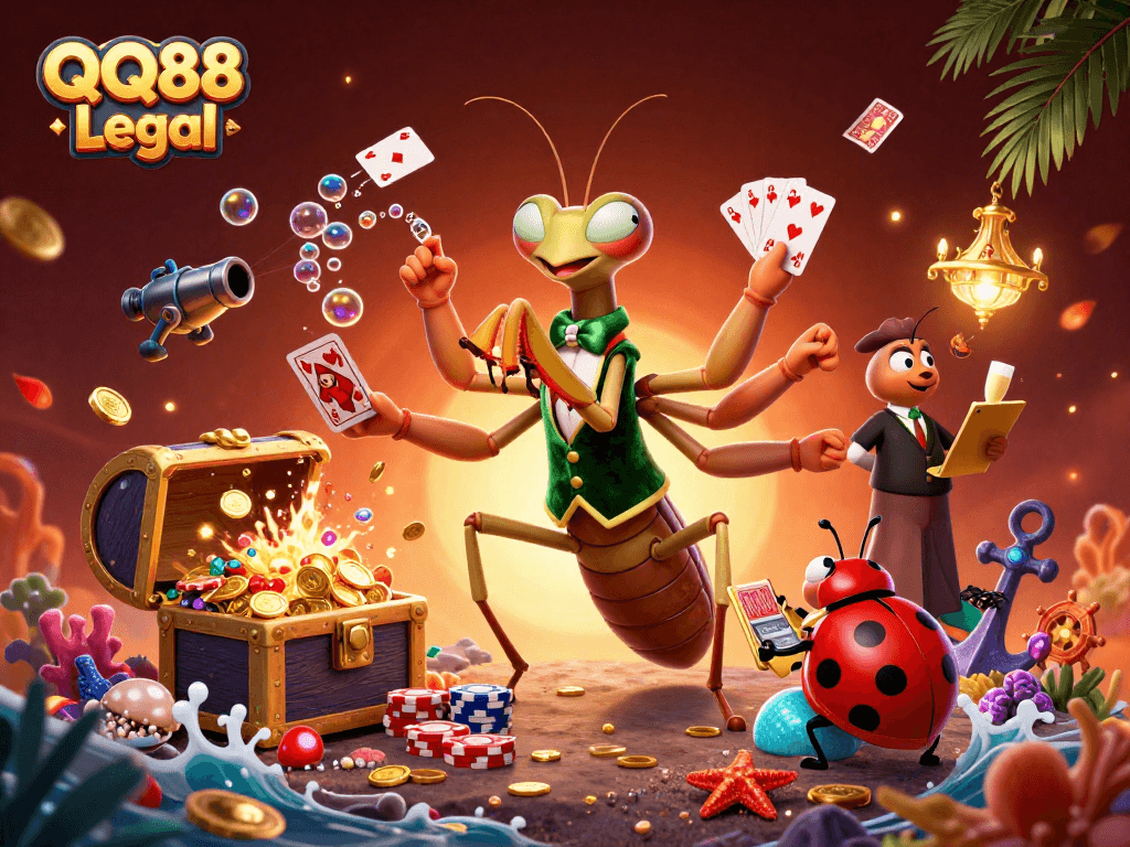 Win big at QQ88 Legal with vibrant casino-themed 3D illustration showcasing gaming excitement.