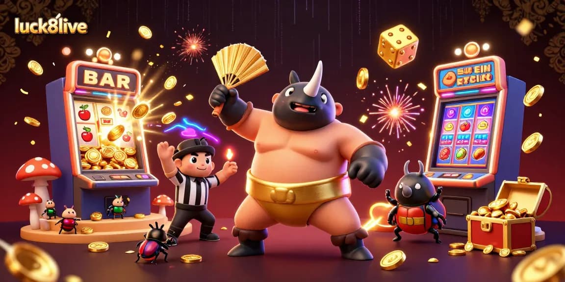 luck8live features a rhinoceros beetle sumo champion celebrating with flying gold coins and casino elements.