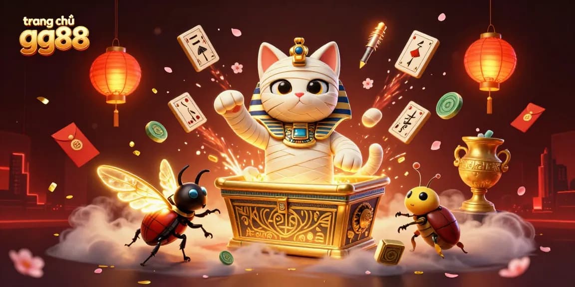 Experience gaming excitement on trang chủ gg88 with a vibrant scene of a mummy cat and treasures.