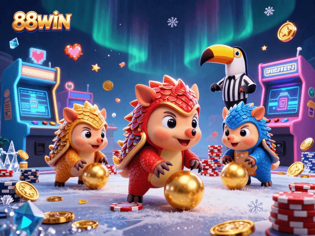 Experience the thrilling action of 88WIN as pangolins roll golden balls and bowl through poker chips.