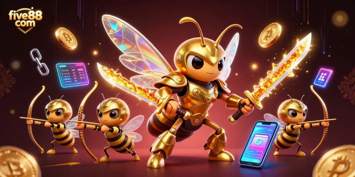 Engage in thrilling gameplay with five88 com, featuring dynamic scenes of giant characters alongside vibrant crypto elements.