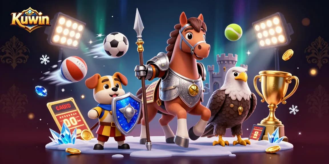 Kuwin promotes gaming excitement with a 3D knight scene and dynamic sports elements in a vibrant casino setting.