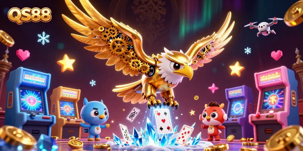 Experience QS88 with a dynamic 3D eagle diving through casino cards and vibrant game elements.