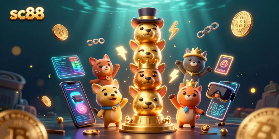 Play exciting games with sc88, featuring vibrant 3D golden totem and crypto elements.