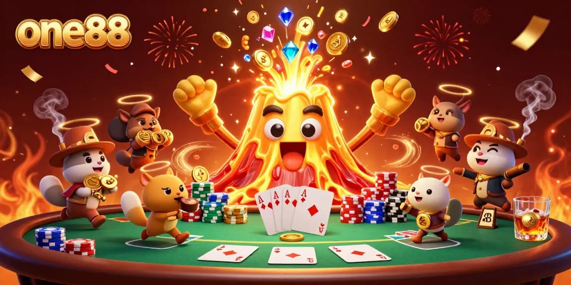 Experience the thrill of one88 with a triumphant golden volcano and treasure-filled adventure in this vibrant casino scene.
