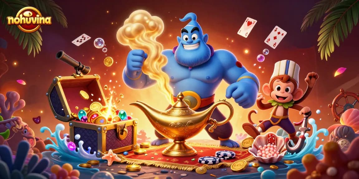 Nohuvina showcases a captivating 3D illustration featuring a genie, monkey, and poker chips in ocean treasure.