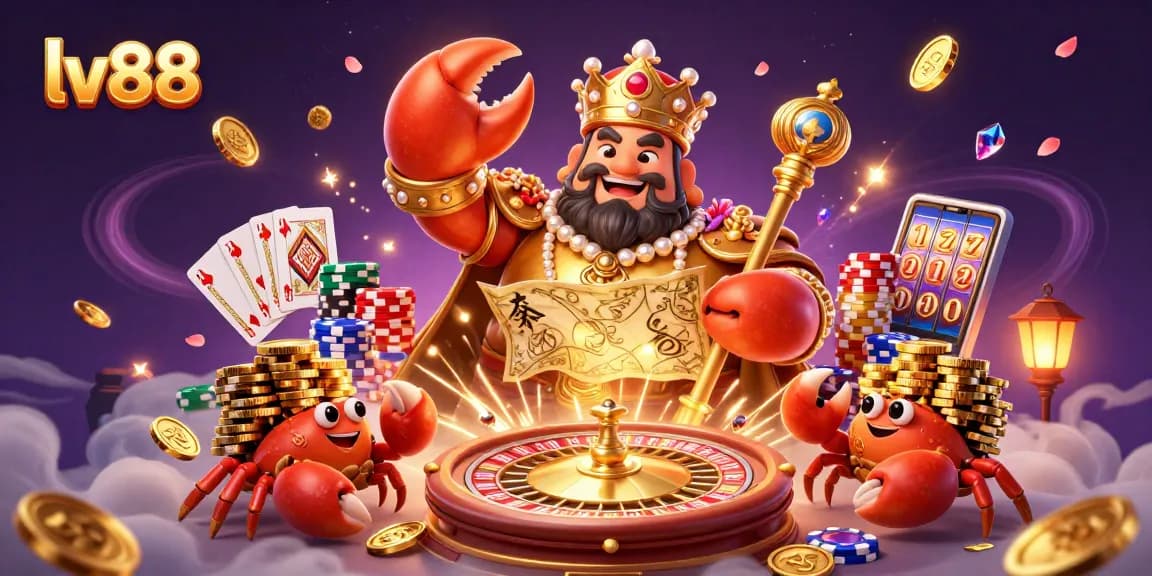 Experience the thrill of lv88 with a vibrant 3D cartoon casino scene featuring a golden crab emperor and treasures.