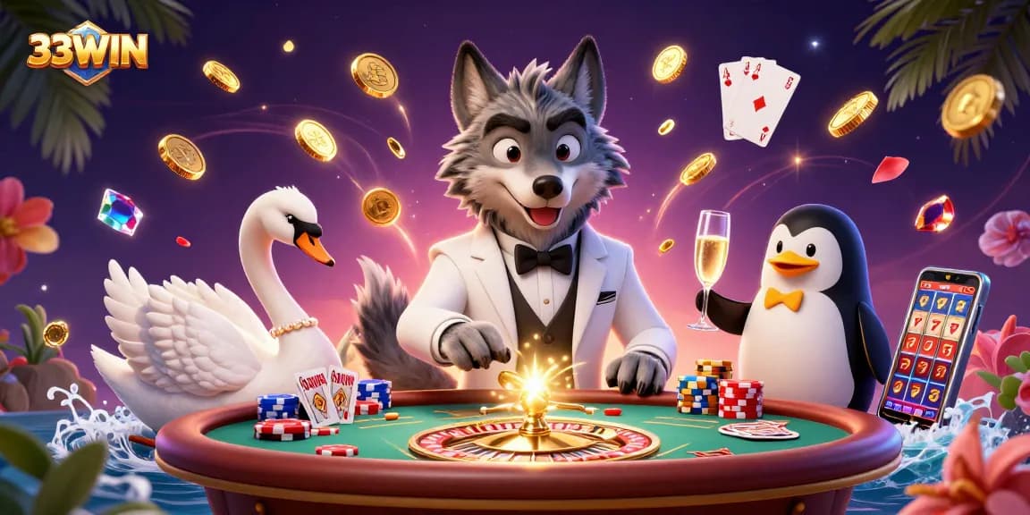 Engage with 33WIN as the debonair wolf bets big at the baccarat table amidst a lavish casino scene.