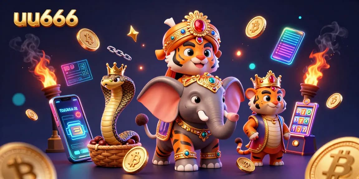 Engage in thrilling gameplay at uu666 with a vibrant illustration of a maharaja tiger, showcasing crypto coins and slot games.