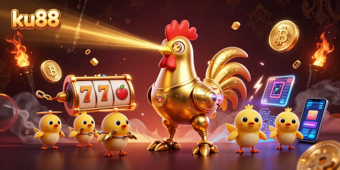 Engage with ku88 as a cartoon rooster robot defeats slots and tokens in a vibrant casino scene.