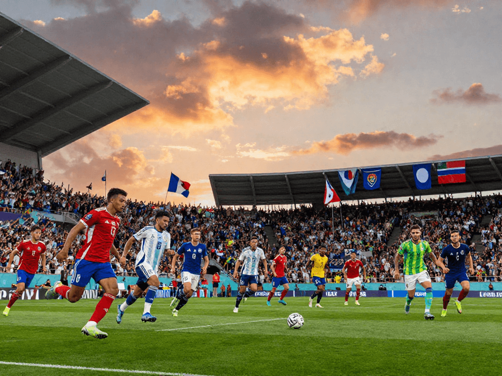 Fußball WM 2026 Stadion mit jubelnden Fans und aktiven Spielern auf dem Platz während eines spannenden Spiels.