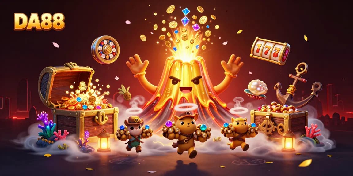 Experience DA88's vibrant casino action with a golden volcano, treasures, and slot elements.