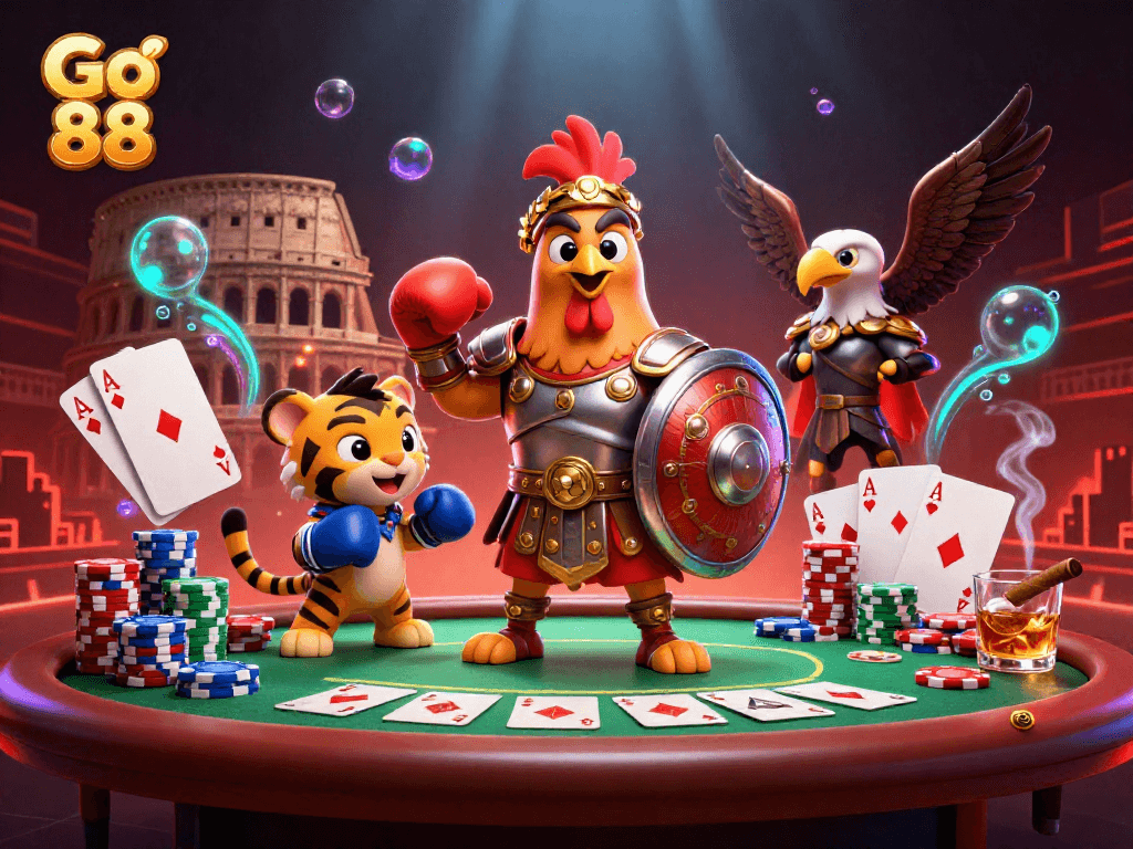 Go 88 action-packed casino scene with gladiator rooster and poker elements.