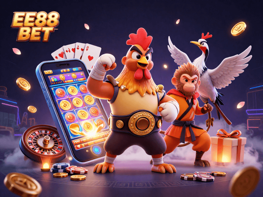 Experience thrilling gameplay with EE88 BET featuring unique characters and casino elements in this vibrant illustration.