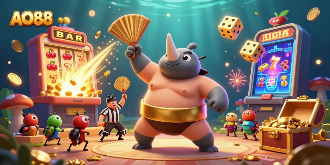 Experience dynamic gaming excitement at AO88 with a 3D sumo beetle champion surrounded by jackpots.