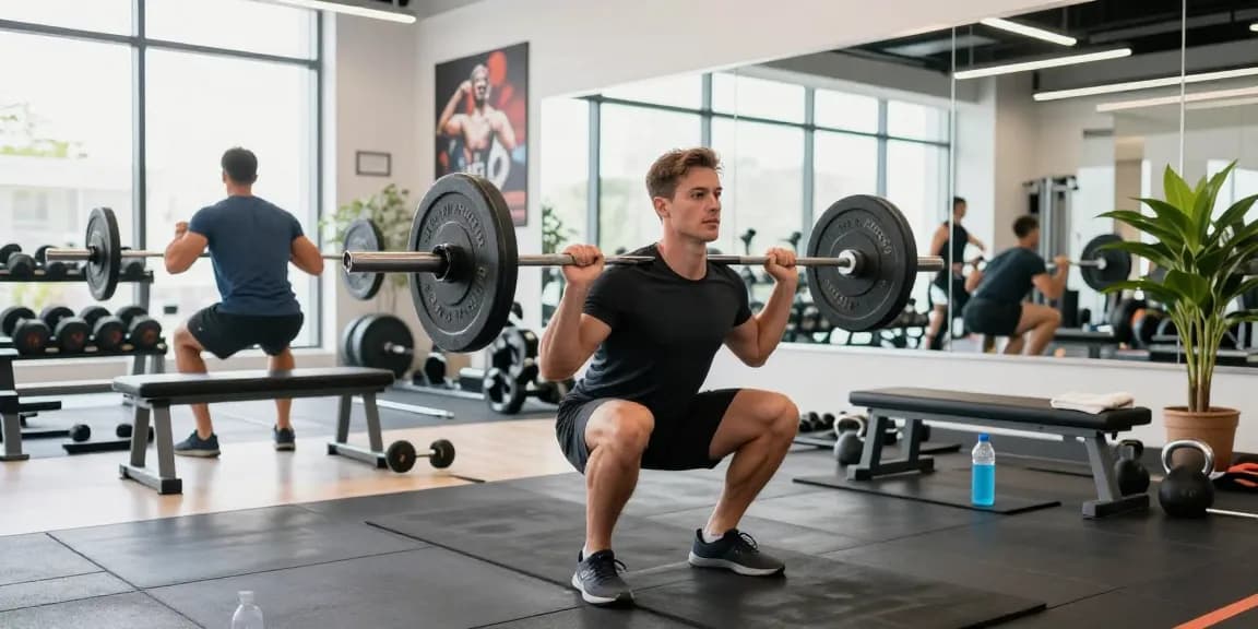 Professioneller Bodybuilder im Selliza Shop während des Trainings, moderne Fitnessstudio-Atmosphäre.