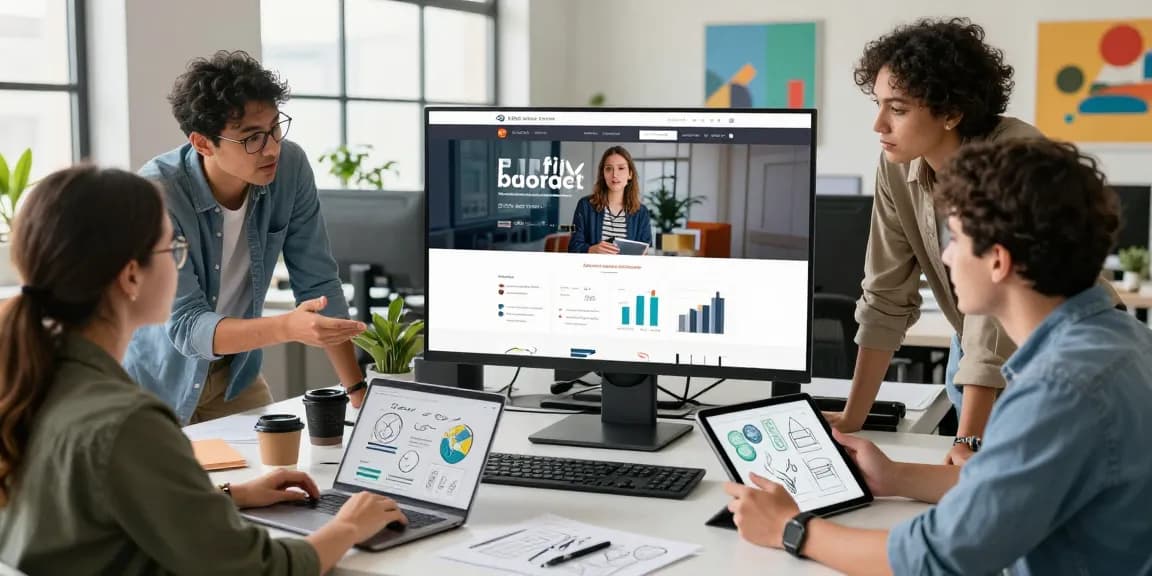 Geschäftliche Zusammenarbeit in einer Web Agentur, die innovative Designs und Teamarbeit in einem modernen Arbeitsplatz präsentiert.
