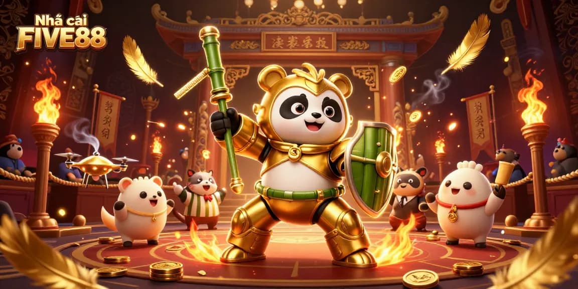 Navigating exciting games with Nhà cái FIVE88 in a vibrant animated casino scene.