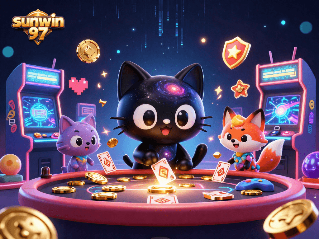 Engaging scene of sunwin 97’s cosmic casino with a black hole cat and nebula fox attracting chips.