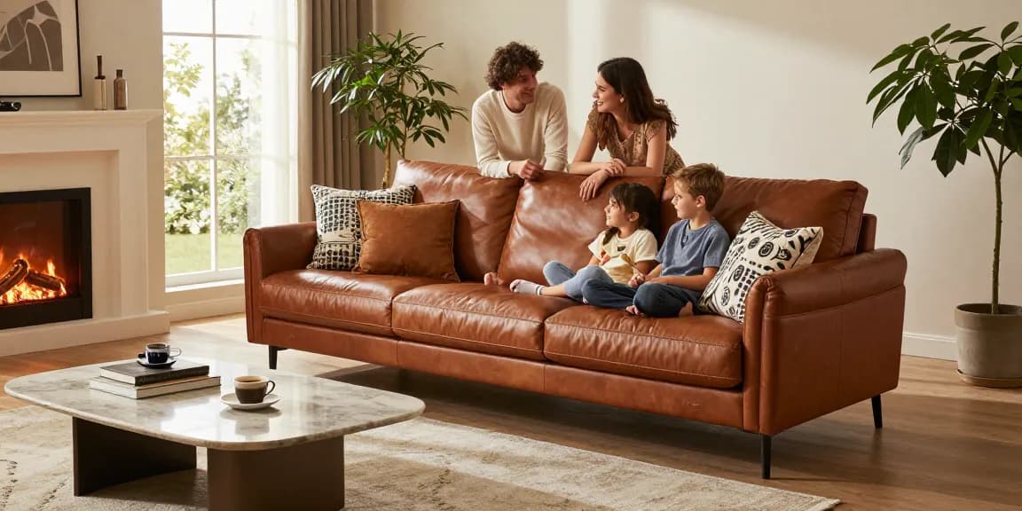 Baxter Ledersofa in einer gemütlichen Wohnzimmerumgebung, in der die Familie gemeinsam Zeit verbringt.