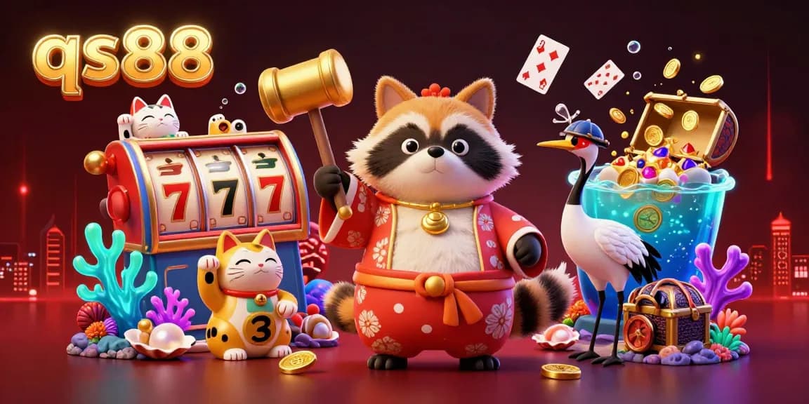 Experience thrilling casino fun at qs88 with lucky raccoon, samurai crane, and colorful cats.