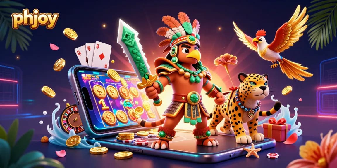 Spin the reels and win with phjoy's vibrant casino scene featuring Aztec warriors and slot games.