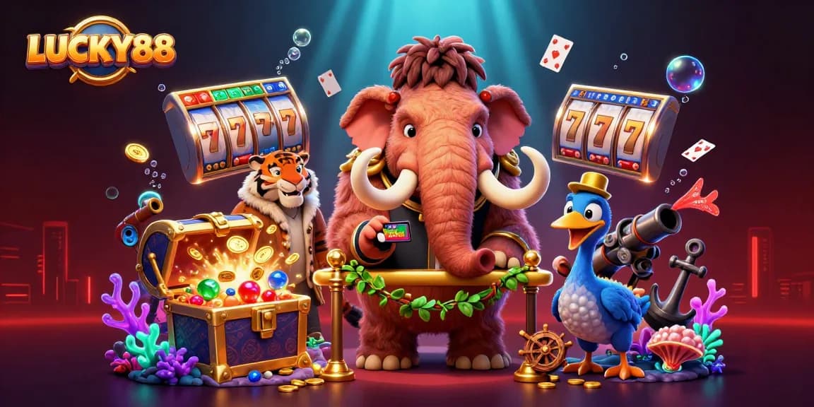 LUCKY88 casino entrance with a woolly mammoth bouncer, VIP guests, and lively slot elements